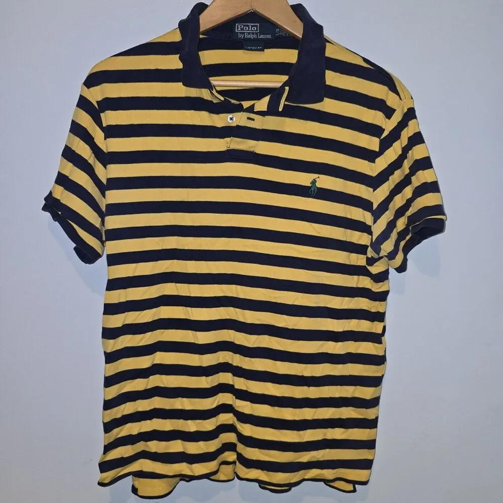 Polo Ralph Lauren Yellow Navy Striped Polo Shirt Short Sleeve Size Large